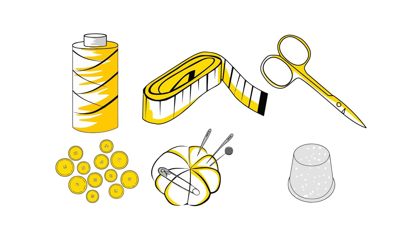 un semplice set di articoli relativi al cucito. contiene icone come filo, metro a nastro, forbici, bottoni, ditale e un cuscino per aghi. vettore