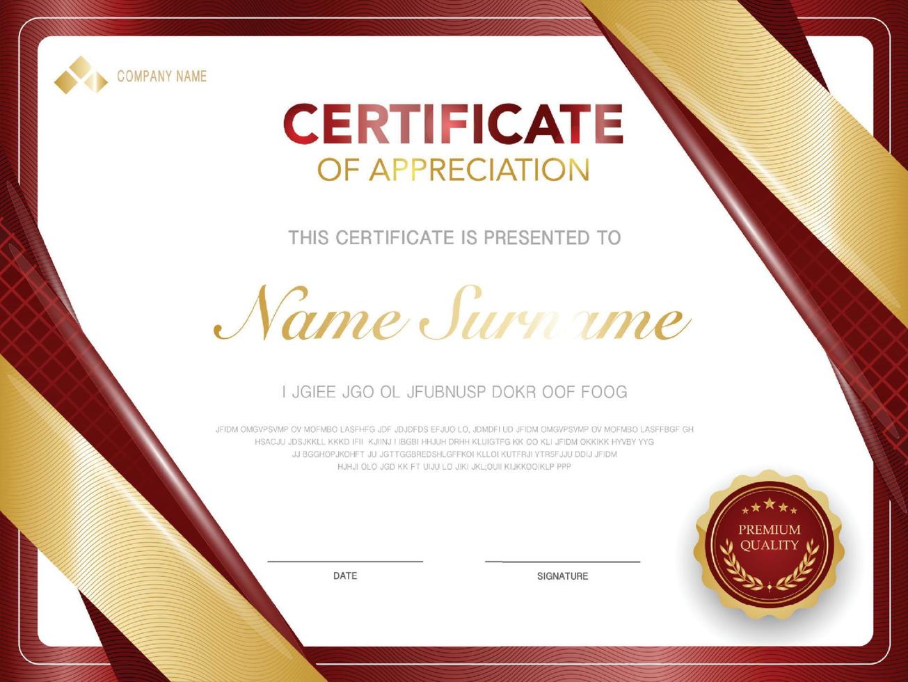 modello di certificato di diploma colore rosso e oro con immagine vettoriale di lusso e stile moderno