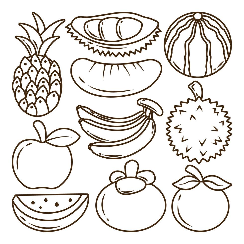 elementi di frutta disegnati a mano cartone animato doodle bundle colorazione vettore