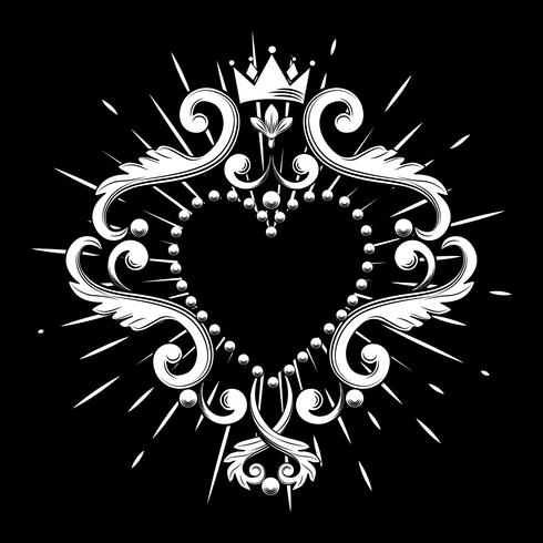 Bellissimo cuore ornamentale con corona in colore bianco isolato su sfondo nero. Illustrazione vettoriale