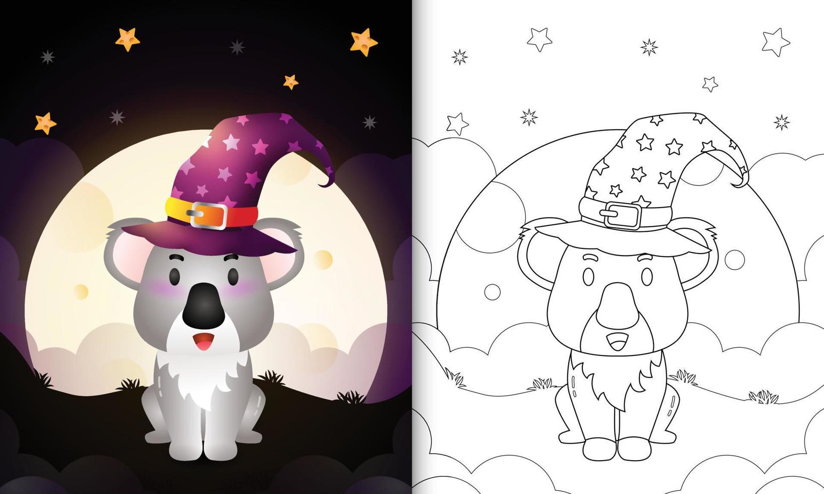 libro da colorare con un simpatico cartone animato strega di halloween koala davanti alla luna vettore