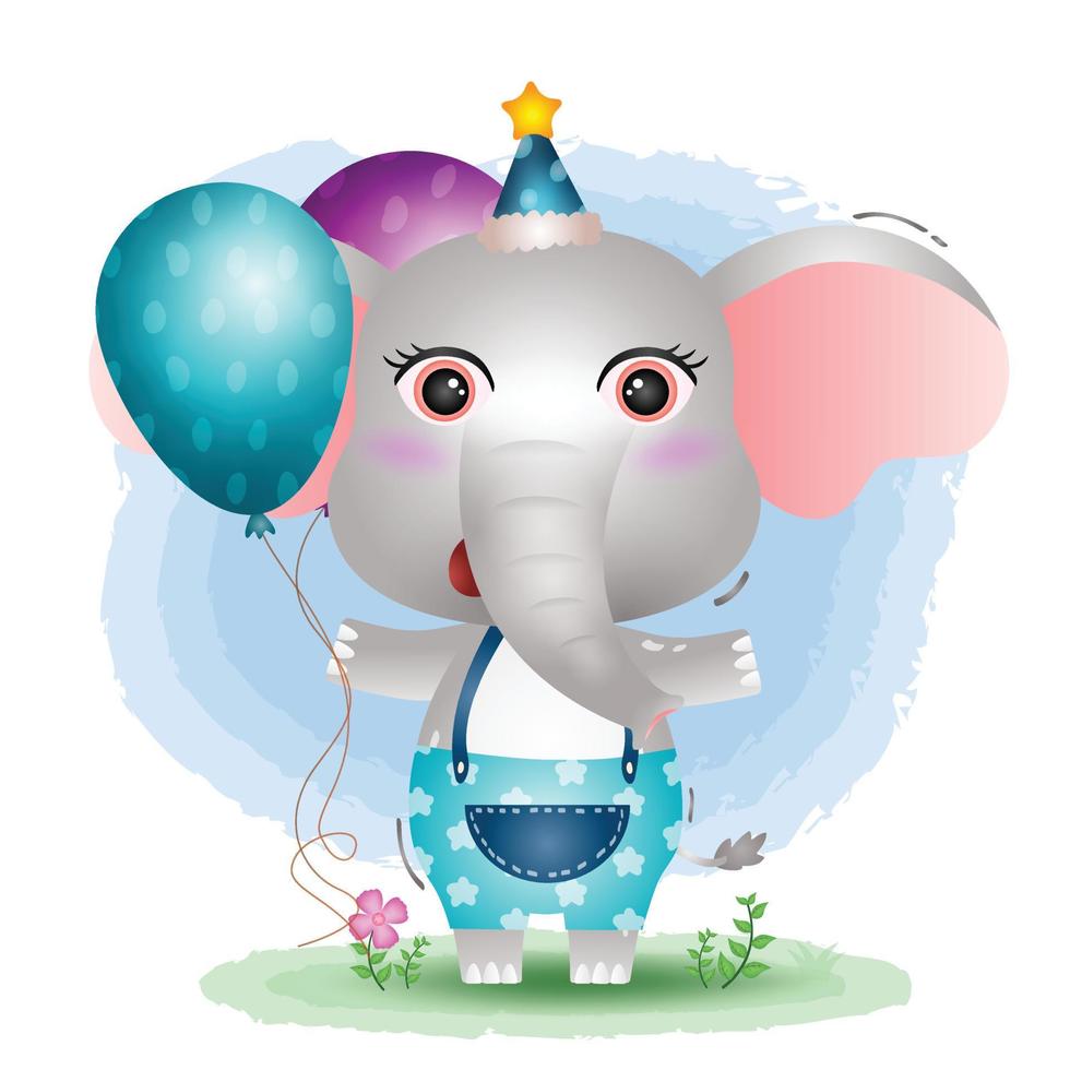 un simpatico elefante che usa un cappello di compleanno e tiene un palloncino vettore