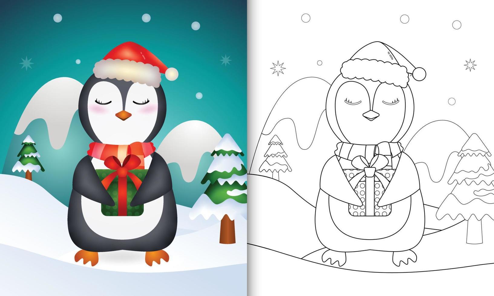 libro da colorare con un simpatico pinguino personaggi natalizi con cappello da babbo natale e sciarpa con in mano una confezione regalo vettore