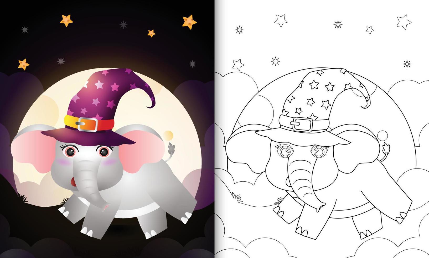 libro da colorare con un simpatico cartone animato strega di halloween elefante davanti alla luna vettore