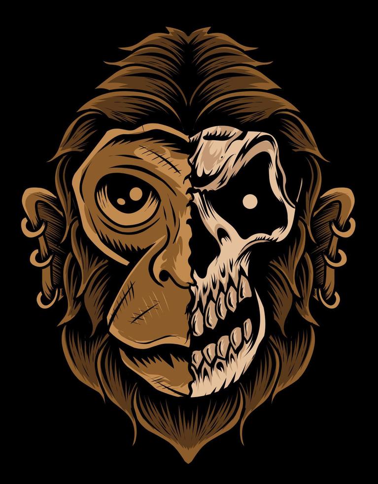 illustrazione testa di teschio di scimmia su sfondo nero vettore