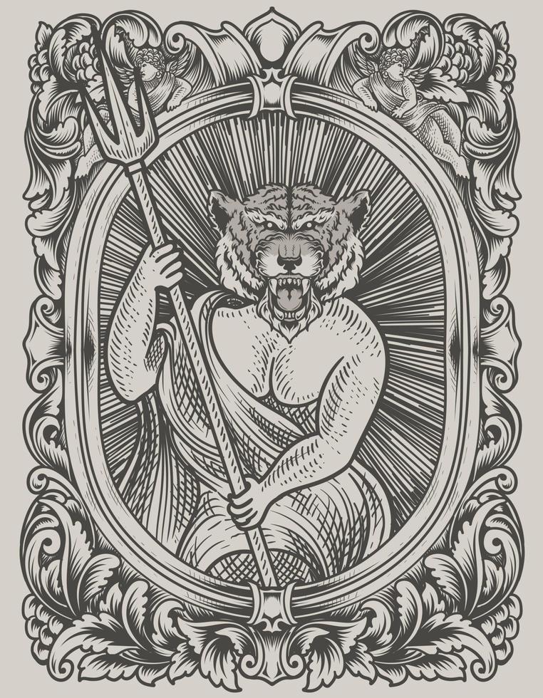 illustrazione demone tigre con cornice ornamento incisione vettore
