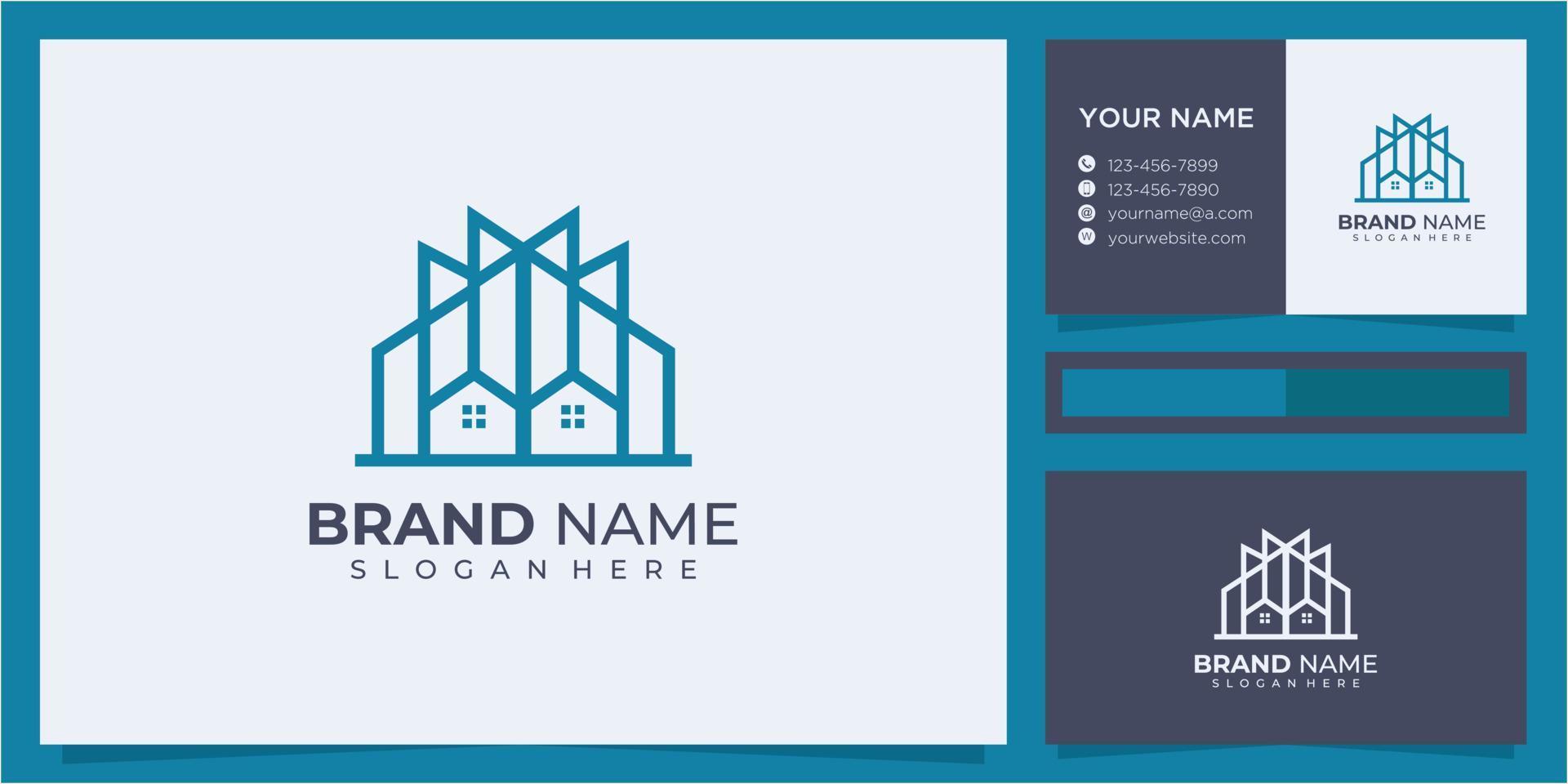 modello di progettazione del logo di due case e linea pulita. concetto di design del logo dell'edificio di colore blu vettore
