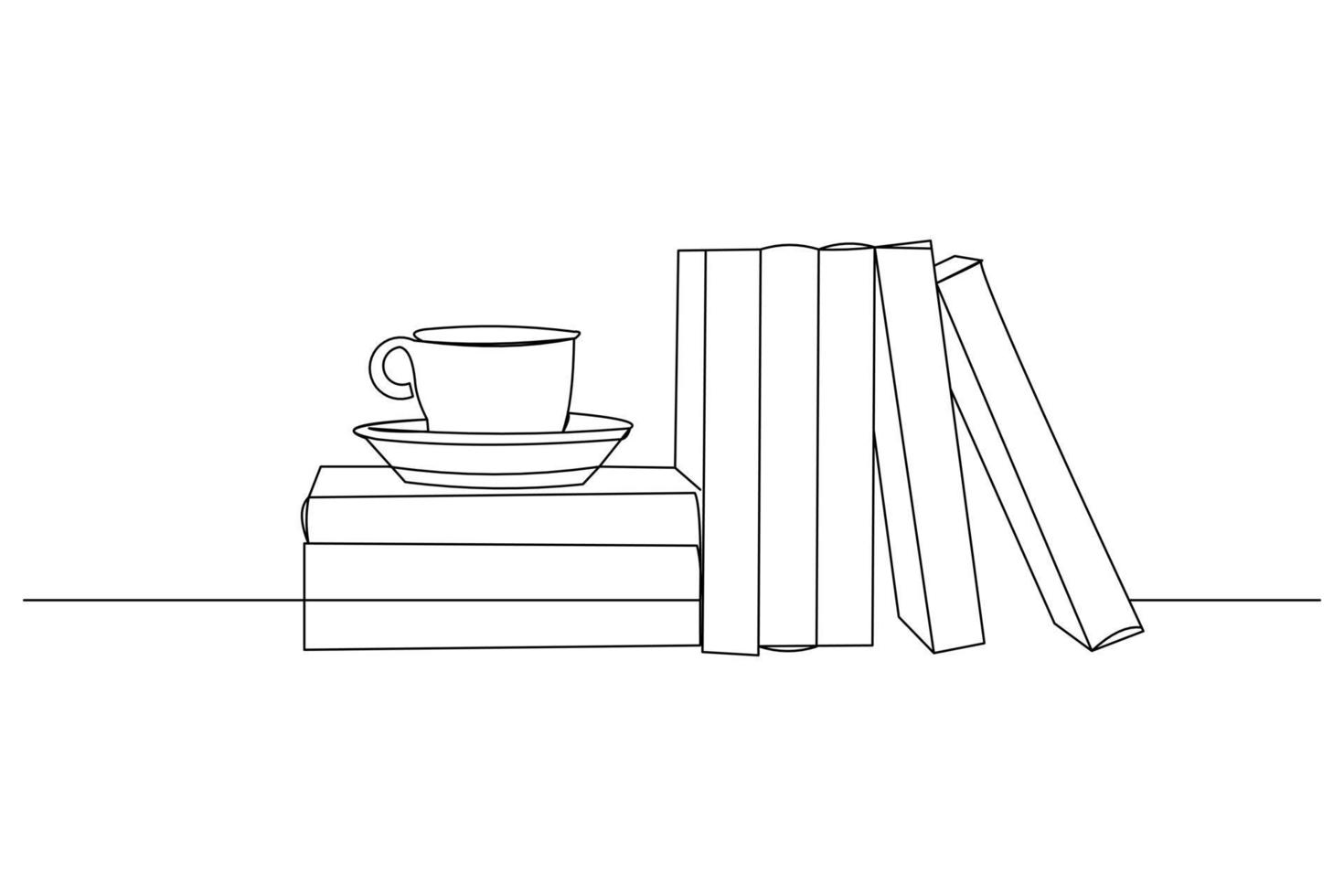 disegno a linea continua di una pila di libri accanto a una tazza di caffè alla scrivania. bozza di scrittura del concetto di business. illustrazione grafica vettoriale moderna a una linea singola