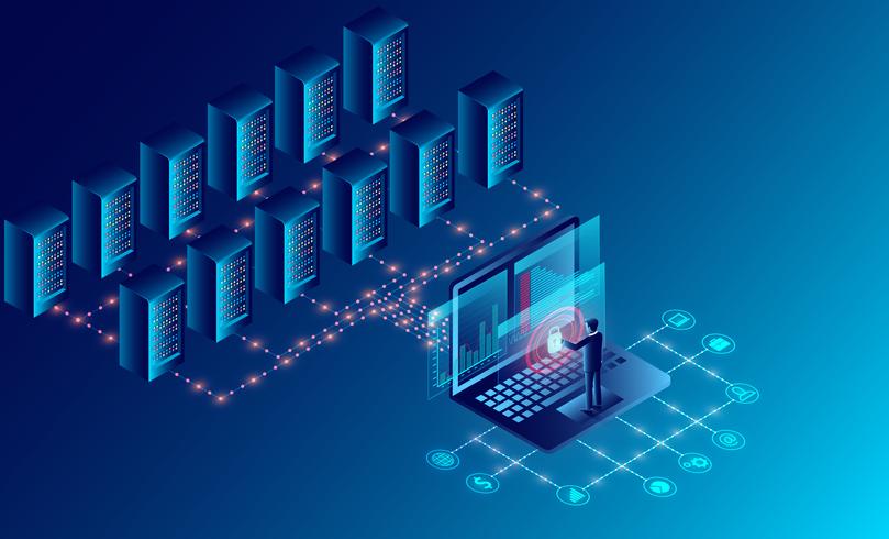 Tecnologia di archiviazione cloud nella sala server del data center vettore