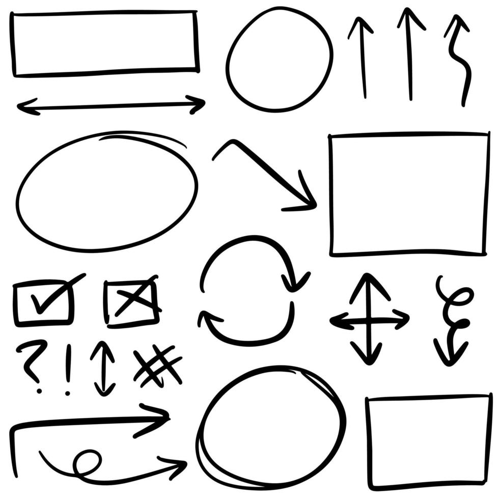 set di icone freccia disegnata a mano isolato su priorità bassa bianca. scarabocchiare illustrazione vettoriale. vettore