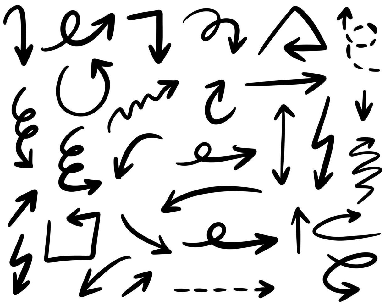 set di icone freccia disegnata a mano isolato su priorità bassa bianca. scarabocchiare illustrazione vettoriale. vettore