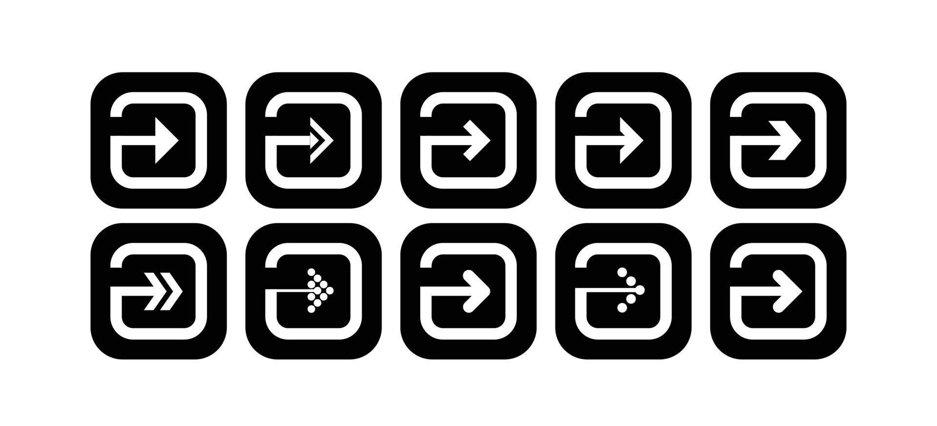 set di icone di illustrazione freccia nera a forma di quadrato arrotondato vettore
