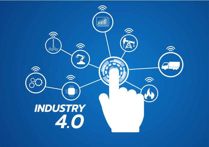 Immagine di concetto di industria 4.0. strumenti industriali in fabbrica, Internet of things network vettore