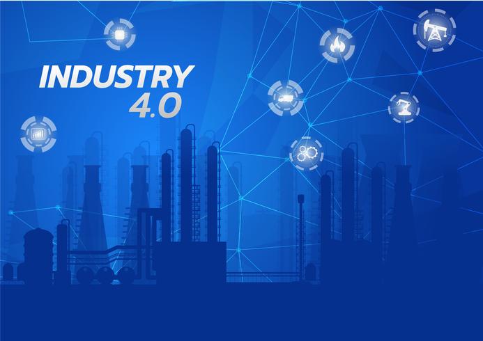 Immagine di concetto di industria 4.0. strumenti industriali in fabbrica, Internet of things network vettore