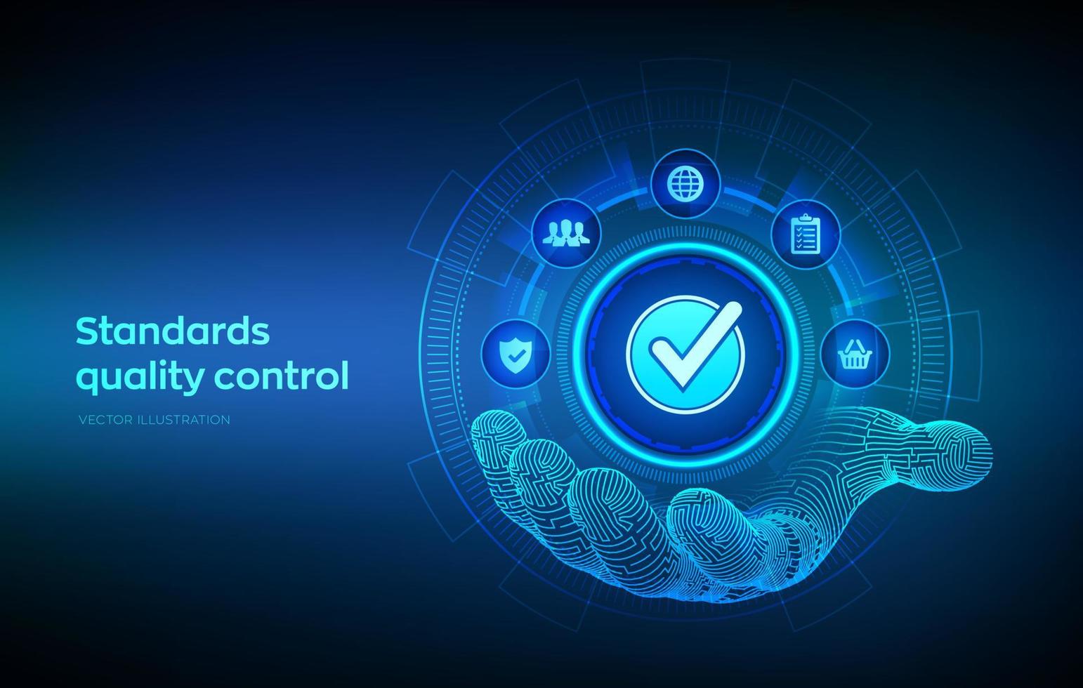 standard iso controllo qualità garanzia garanzia concetto di tecnologia aziendale. concetto di servizio di industria di certificazione di standardizzazione iso. segno accettato in mano robotica. illustrazione vettoriale. vettore