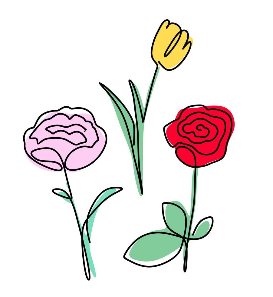 illustrazione vettoriale disegno con una sola linea. set di fiori rosa, peonia, tulipano. può essere utilizzato per stampe, cartoline, poster e web design.