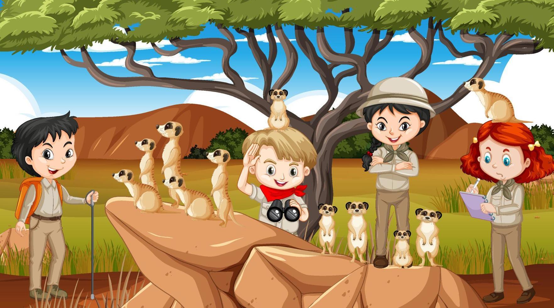 bambini con gruppo di suricati nella foresta vettore