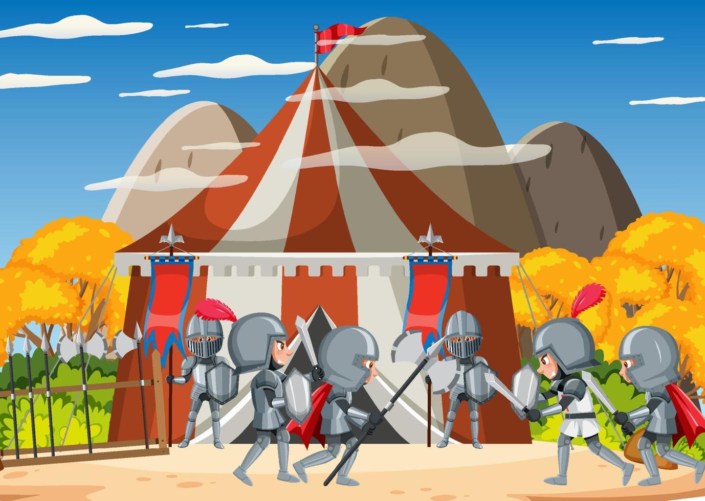 scena all'aperto medievale con cavalieri corazzati vettore