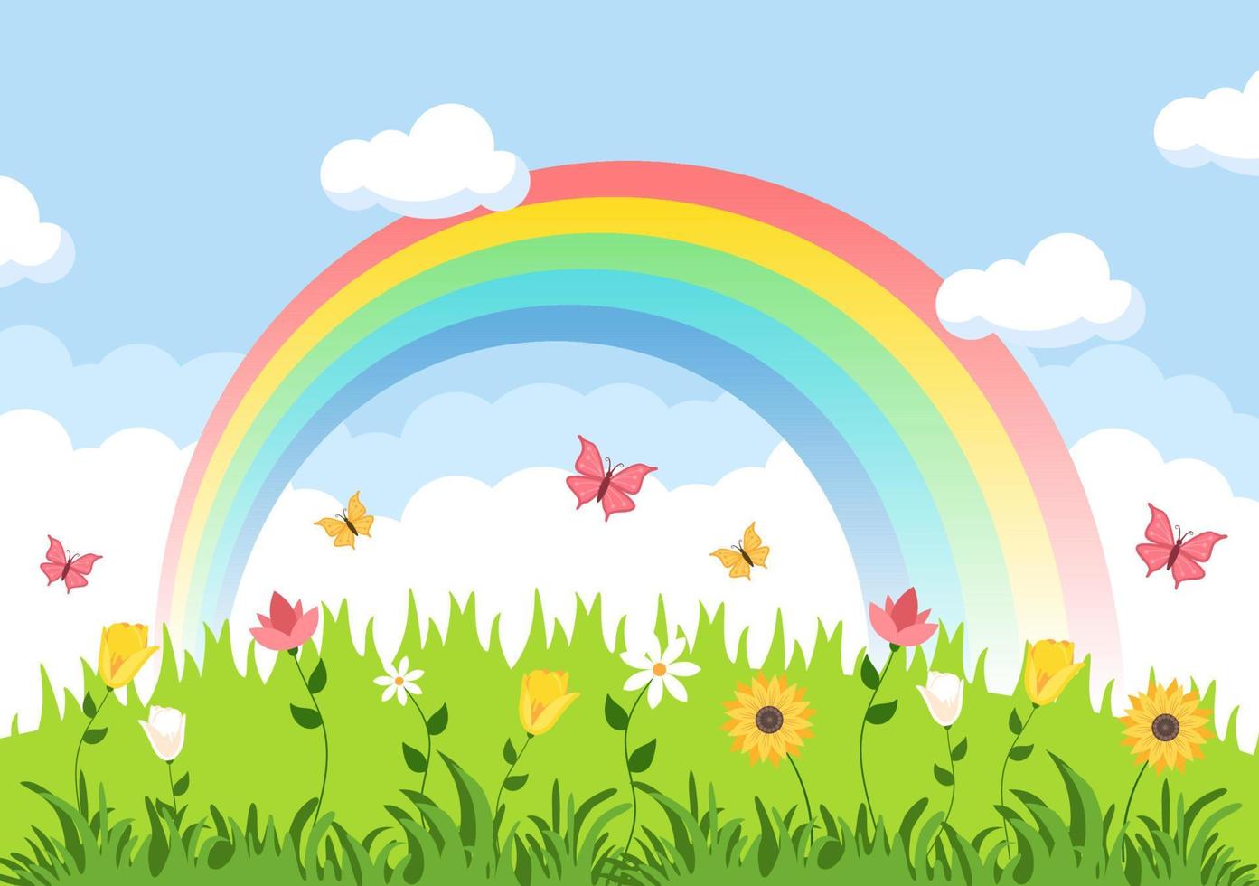 sfondo del paesaggio primaverile con stagione dei fiori, arcobaleno e pianta per promozioni, riviste, pubblicità o siti Web. illustrazione vettoriale della natura