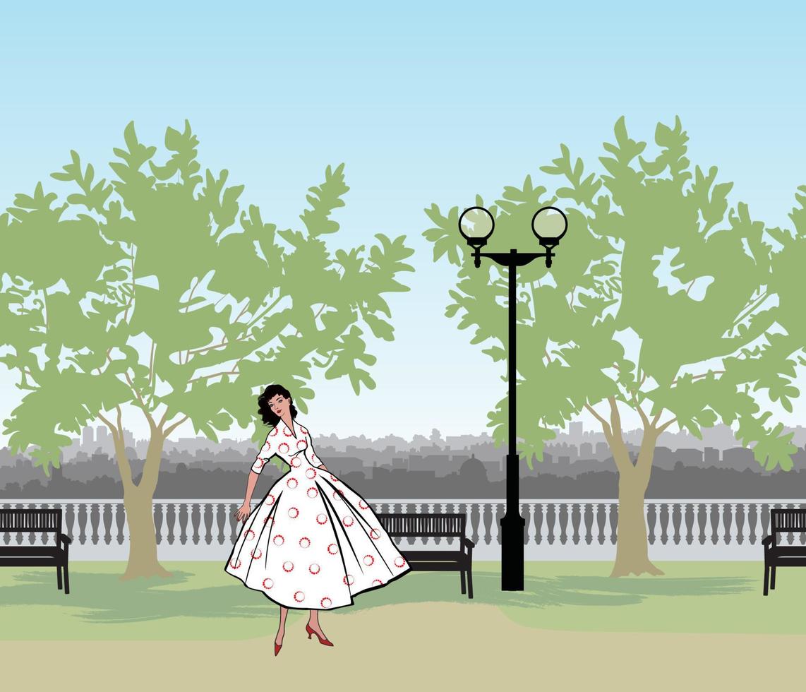 moda retrò donna vestita in stile anni '50 anni '60 nel paesaggio del parco cittadino. elegante giovane donna in abiti vintage nel giardino della città di primavera. silhouette moda primavera anni '60. orizzonte del paesaggio urbano del parco. vettore