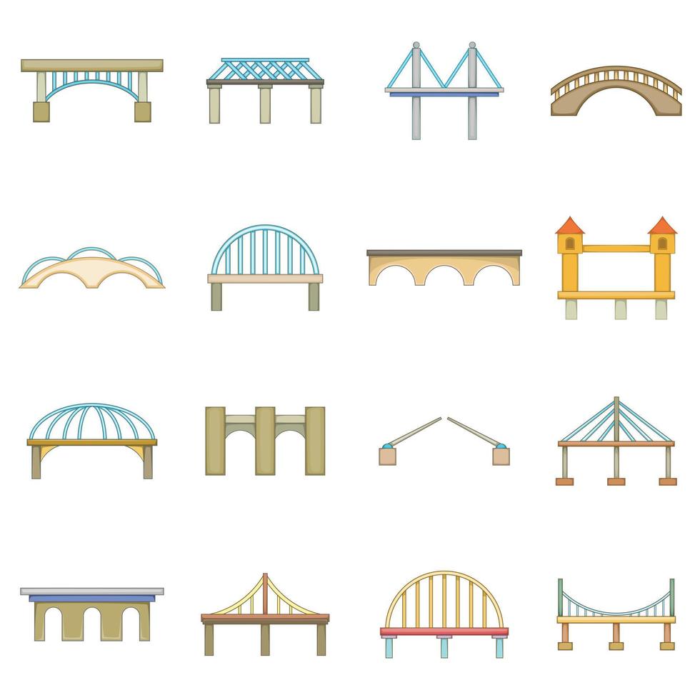 set di icone per la costruzione di ponti, stile cartone animato vettore