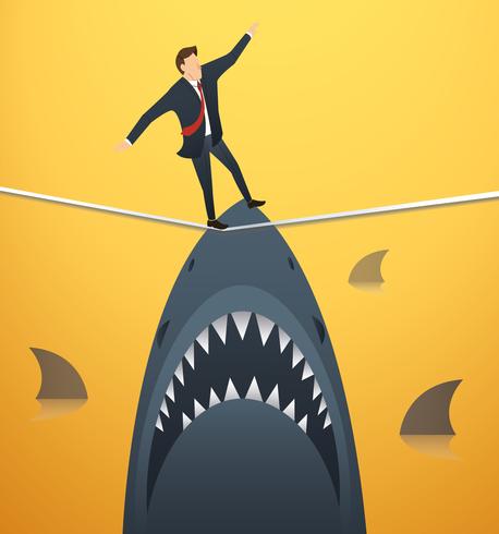 illustrazione di un uomo d&#39;affari che cammina sulla corda con gli squali al di sotto della probabilità di rischio d&#39;impresa vettore