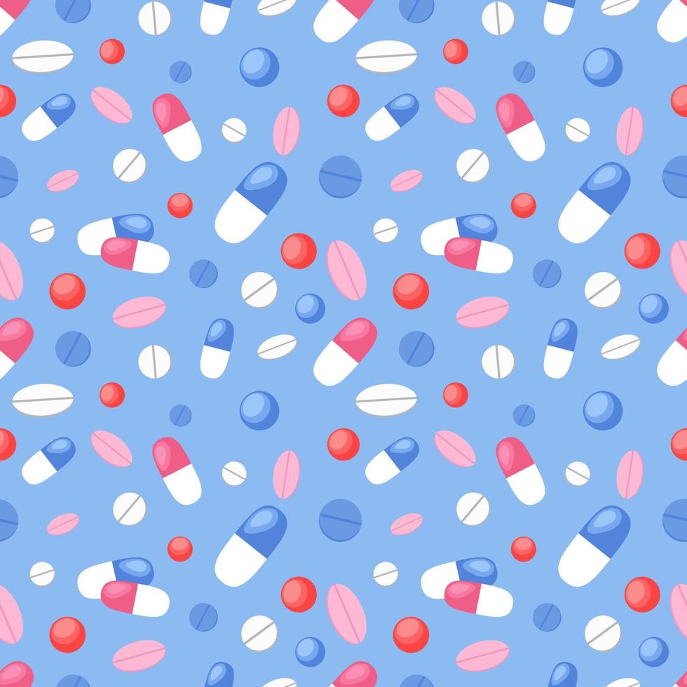 modello senza cuciture di pillole mediche. sfondo infinito blu farmacia. pillole colorate, compresse e capsule. illustrazione piatta vettoriale