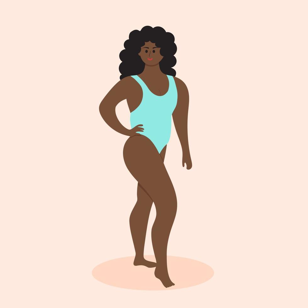 felice plus size donna afro americana in costume da bagno. corpo positivo, accettazione, femminismo, fitness, concetto di sport. attraente modello sovrappeso. vettore