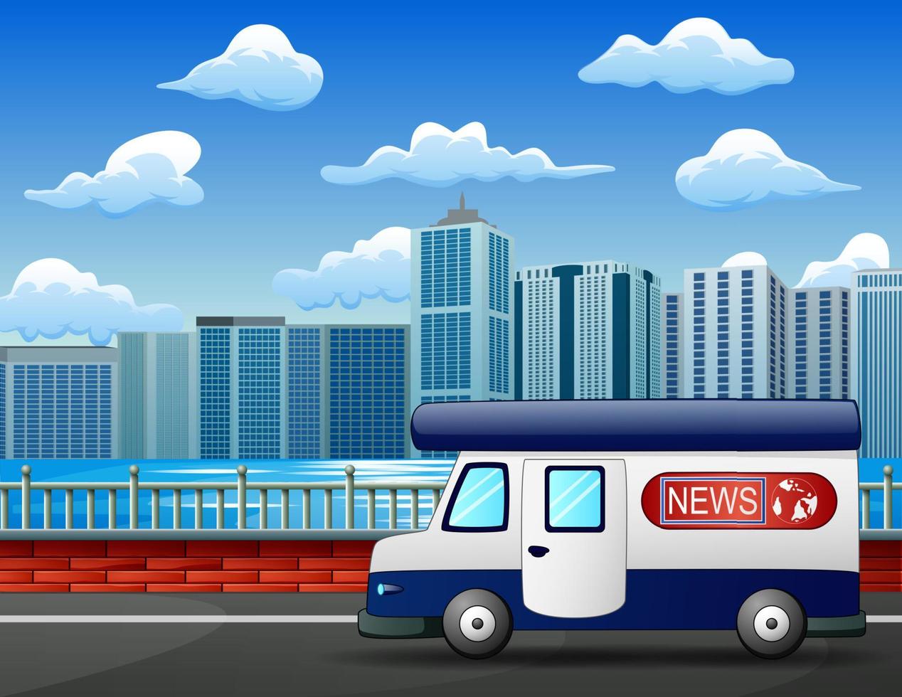 moderno camion di notizie su strada cittadina, veicolo di trasmissione mobile vettore