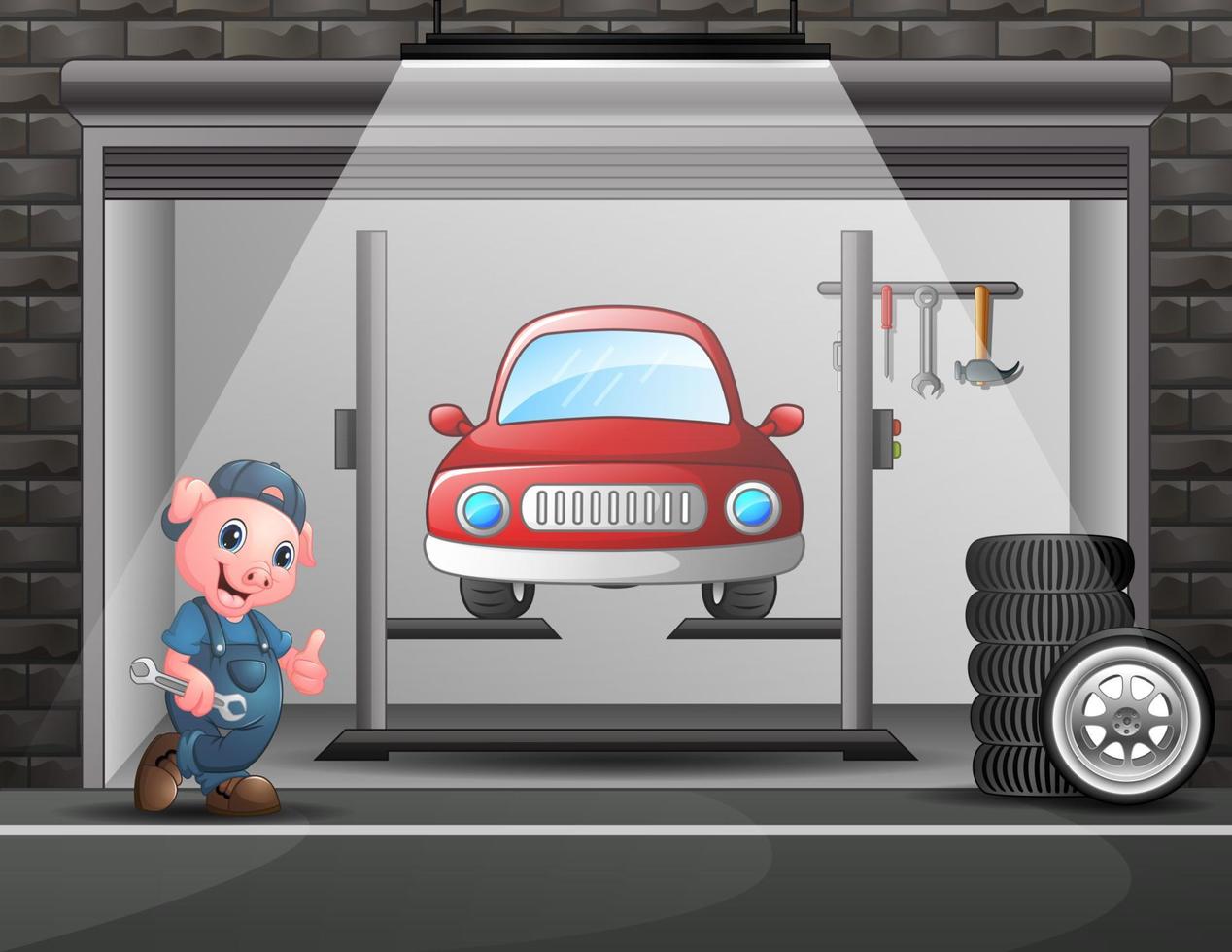 cartone animato un meccanico di maiale nel garage di riparazione auto vettore