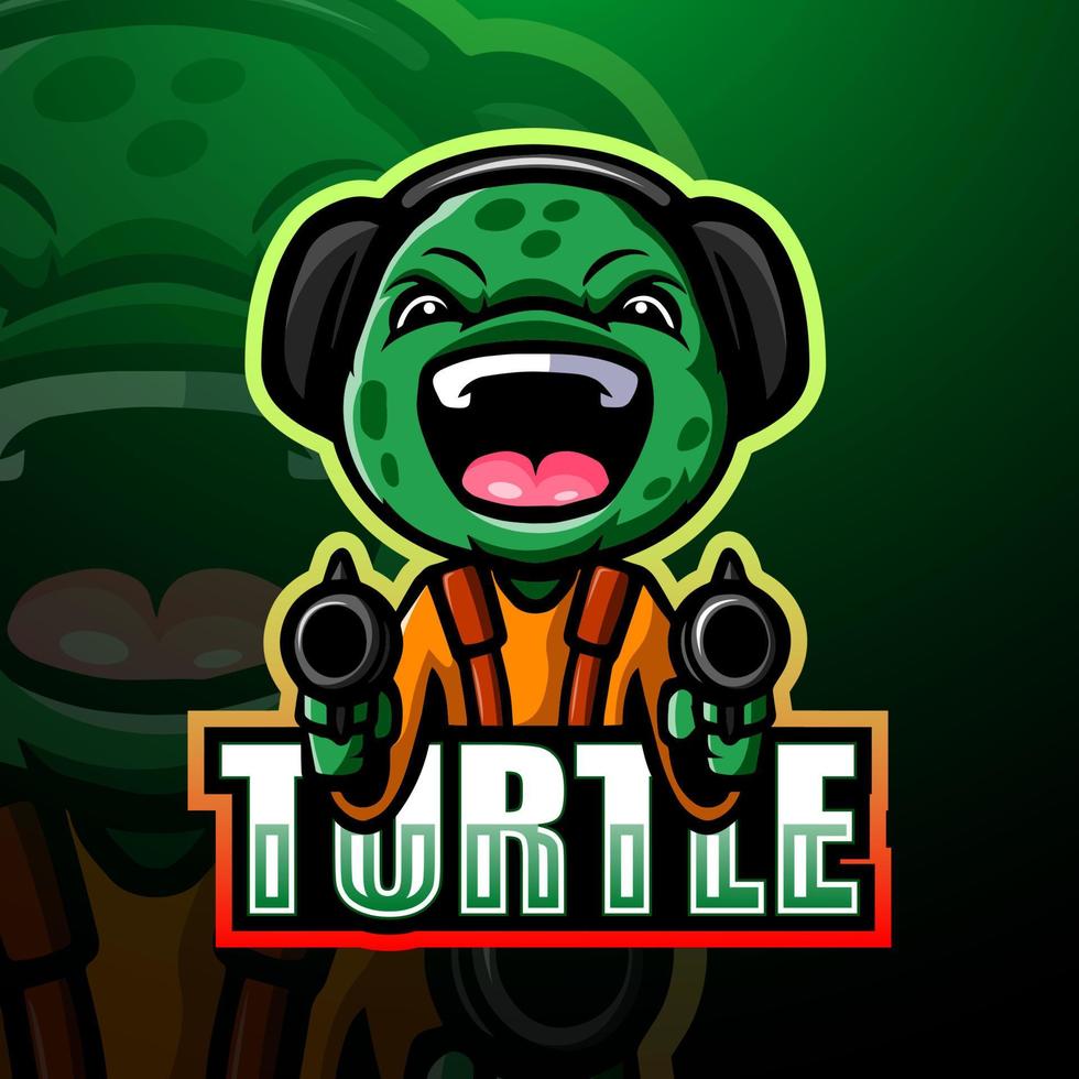 design del logo esport della mascotte della tartaruga sparatutto vettore