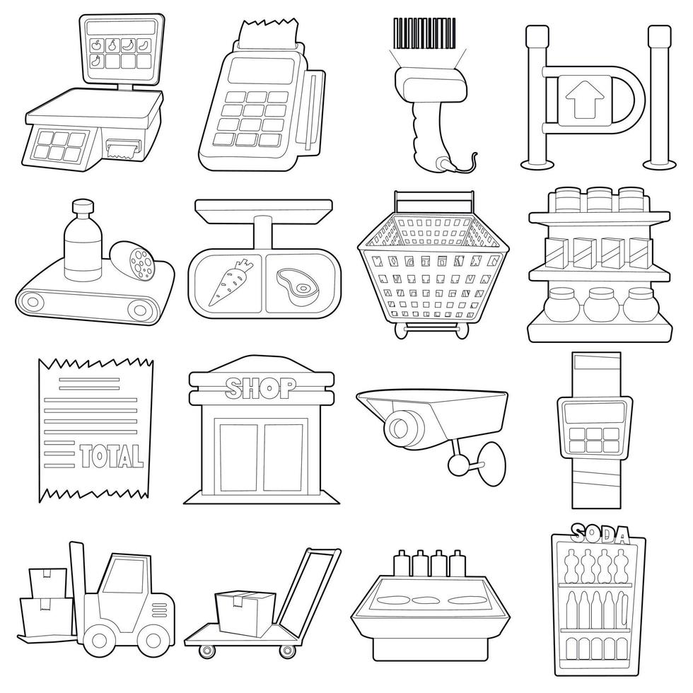 set di icone di articoli da supermercato, contorno stile cartone animato vettore