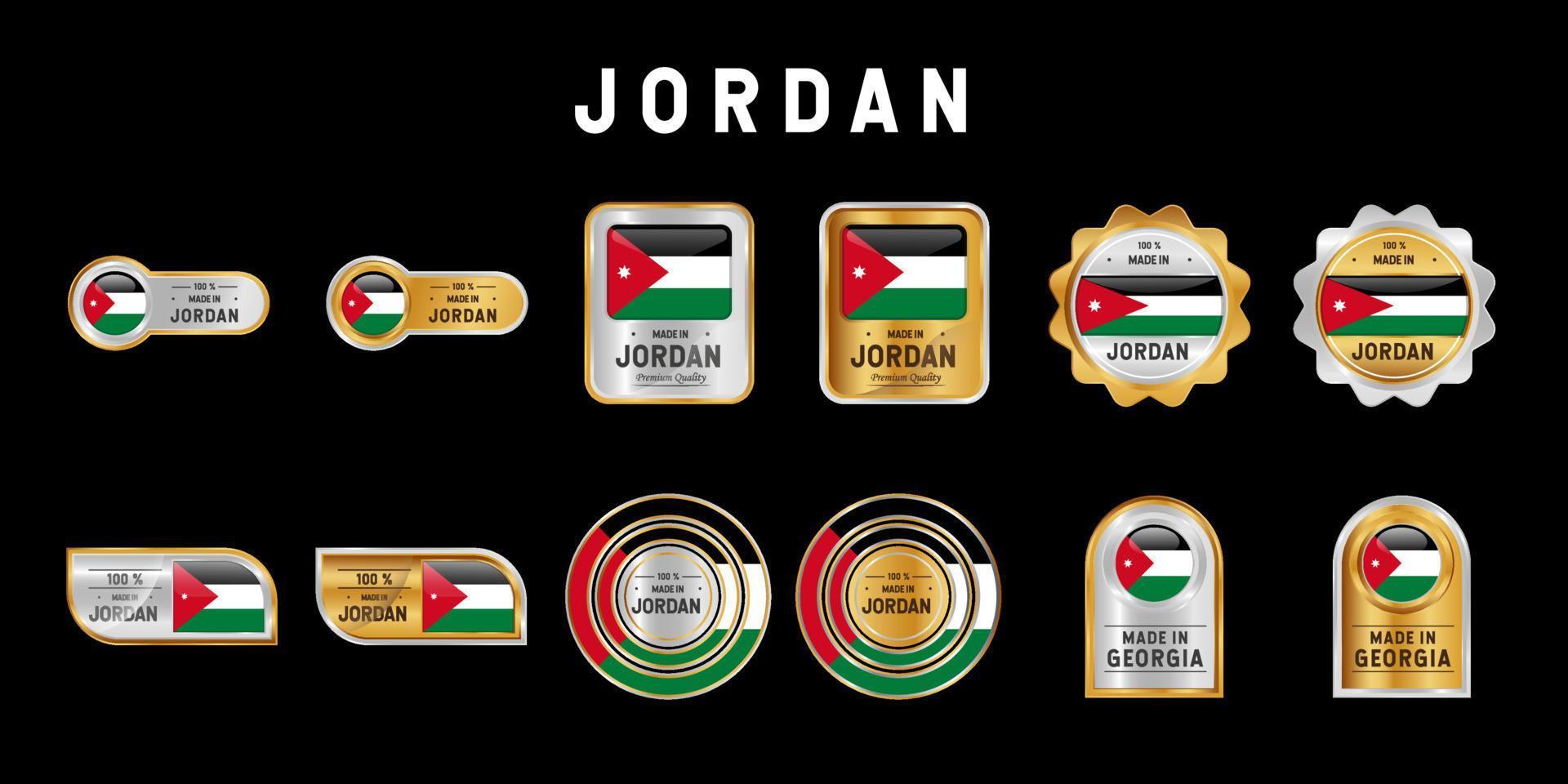 made in jordan etichetta, timbro, distintivo o logo. con la bandiera nazionale della giordania. sui colori platino, oro e argento. emblema premium e di lusso vettore
