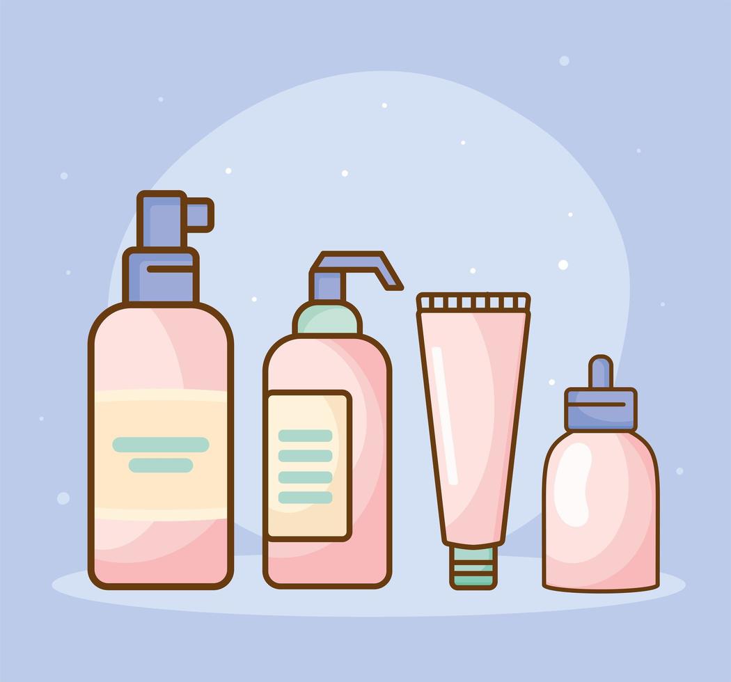 quattro icone di prodotti per la cura della pelle vettore