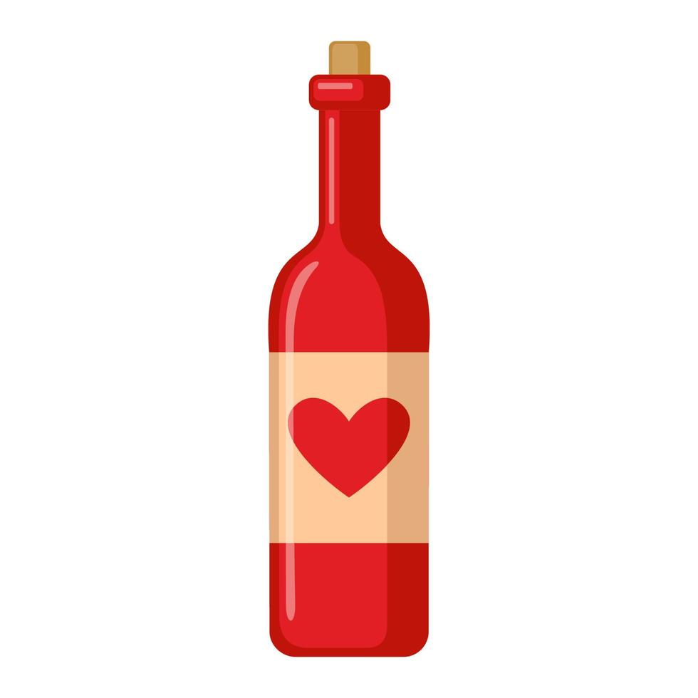 icona della bottiglia di vino di san valentino in stile piano isolato su priorità bassa bianca. elemento di design per il matrimonio o il giorno di San Valentino. concetto di amore. illustrazione vettoriale. vettore