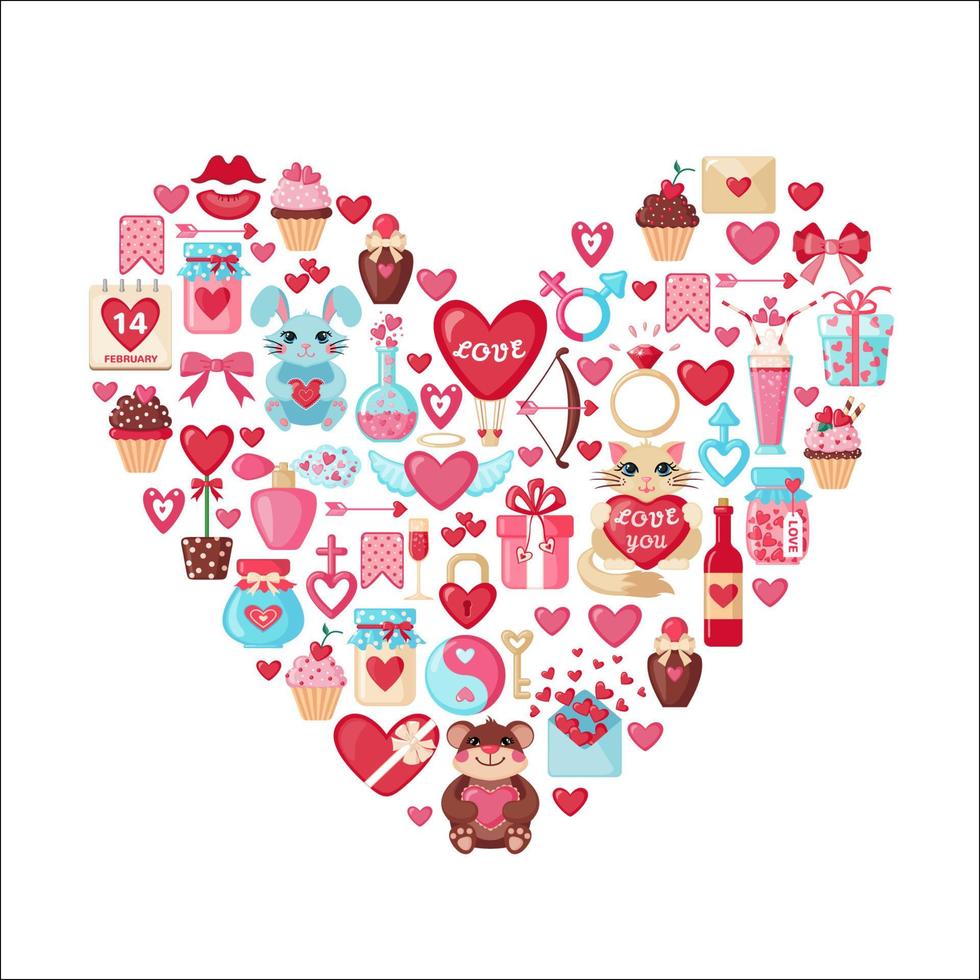 le icone piatte di san valentino si dispongono a forma di cuore. concetto di amore. elemento di design per il matrimonio o il giorno di San Valentino. illustrazione vettoriale. vettore