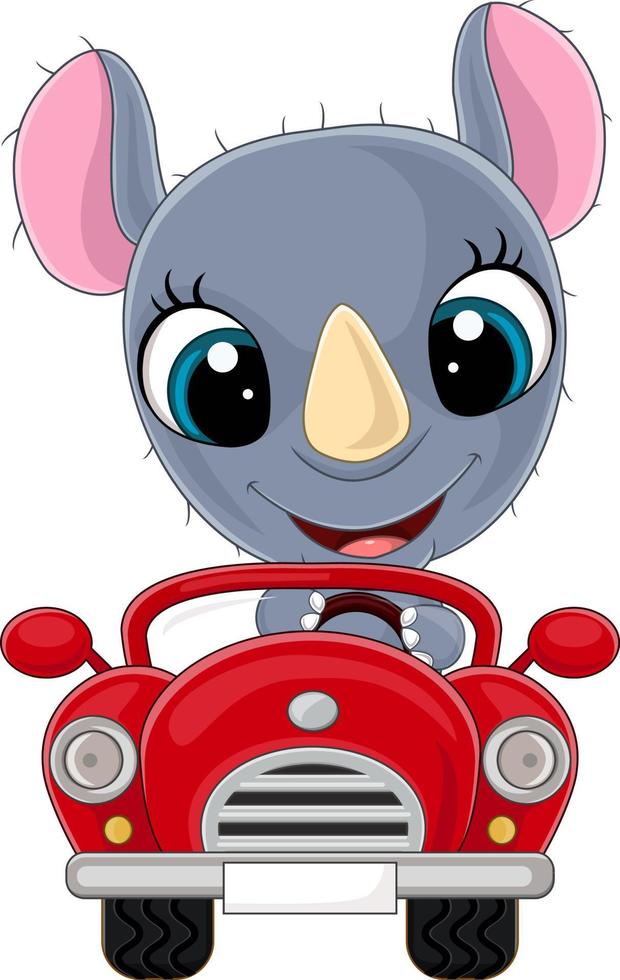 cartone animato bambino rinoceronte alla guida di un'auto rossa vettore