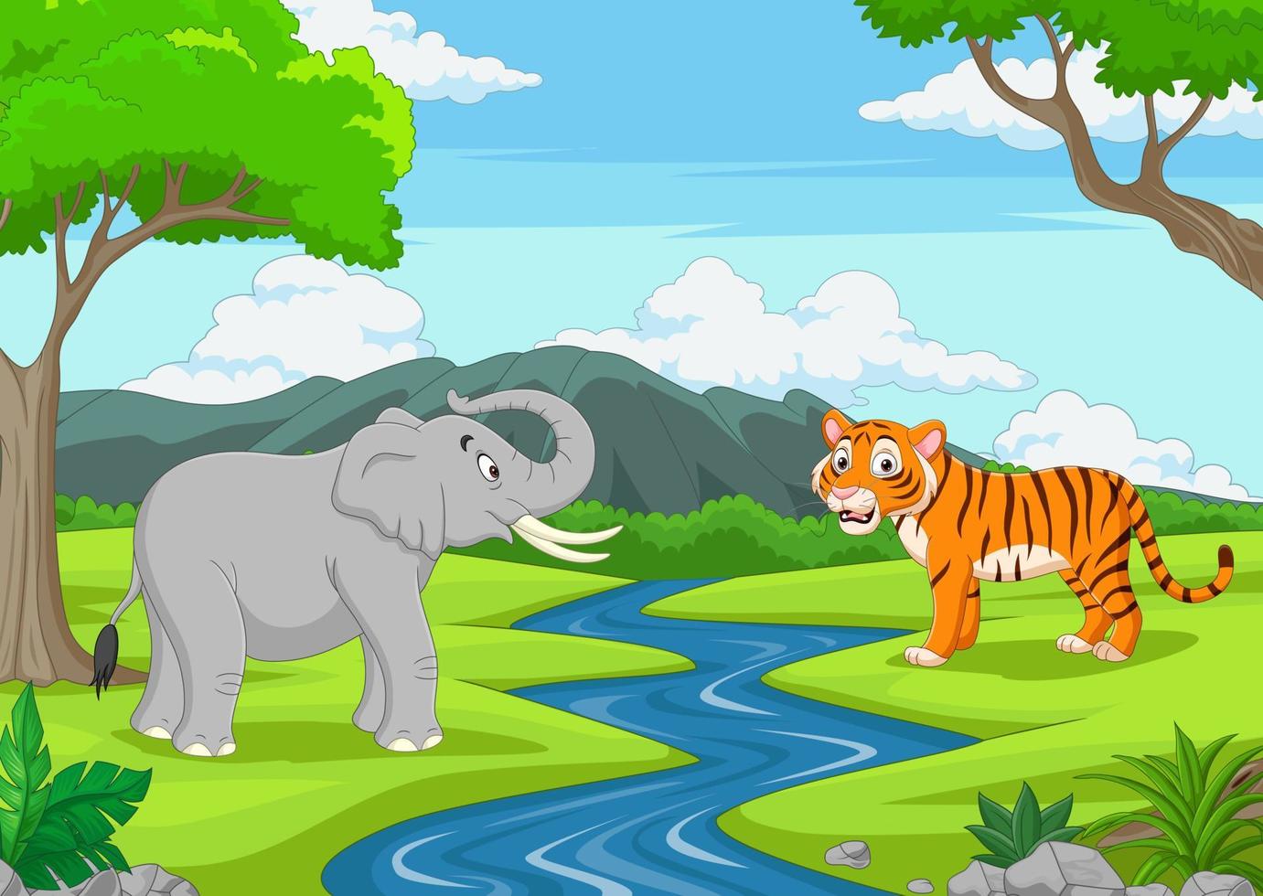 cartone animato elefante e tigre nella giungla vettore