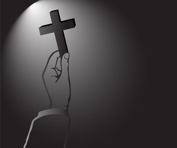 luce di Dio nell&#39;oscurità, mano che regge il vettore della Croce del Cristianesimo