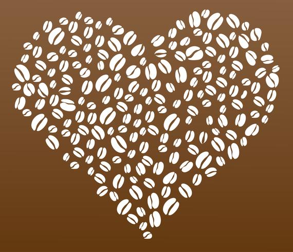 Chicchi di caffè nel vettore di forma del cuore