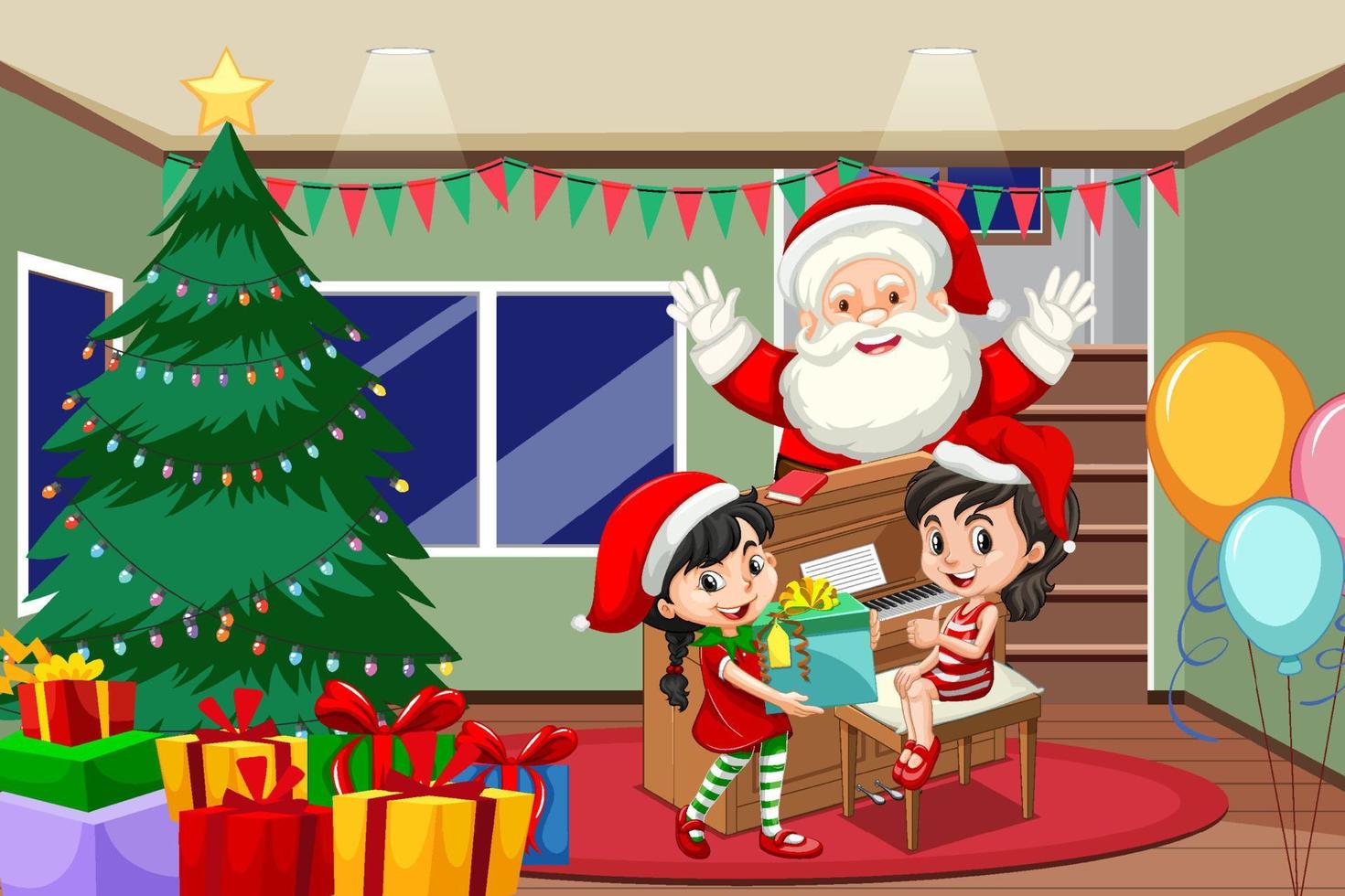 bambini che festeggiano il natale con babbo natale a casa vettore