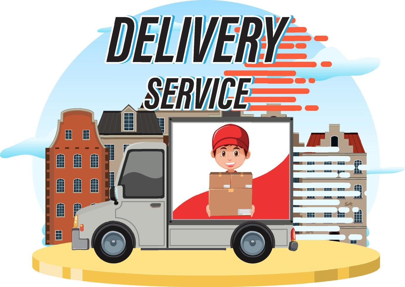 logo del servizio di consegna con furgone in stile cartone animato vettore