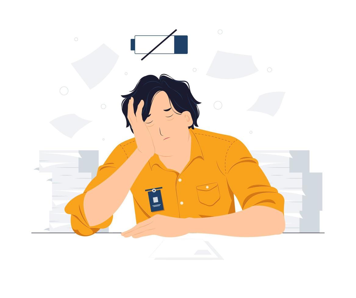 dipendente stanco frustrato dopo il lavoro che gli tocca la testa, sentendosi assolutamente stressato ed esausto a causa del superlavoro, della scadenza, dell'illustrazione del concetto di stanchezza vettore