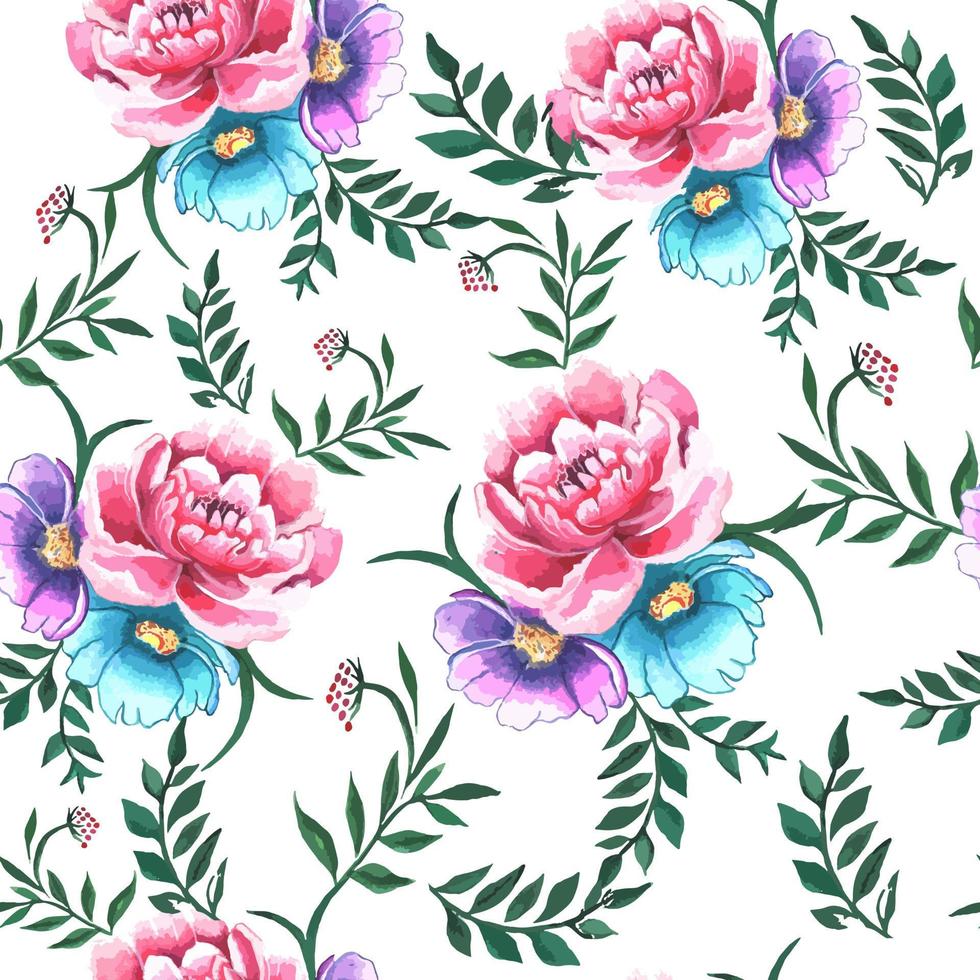 modello senza cuciture di bouquet di fiori ad acquerello - peonie rosa con anemoni blu e viola. illustrazione vettoriale botanica floreale colorata disegnata a mano per tessuti, design, copertine di diari, cartoline