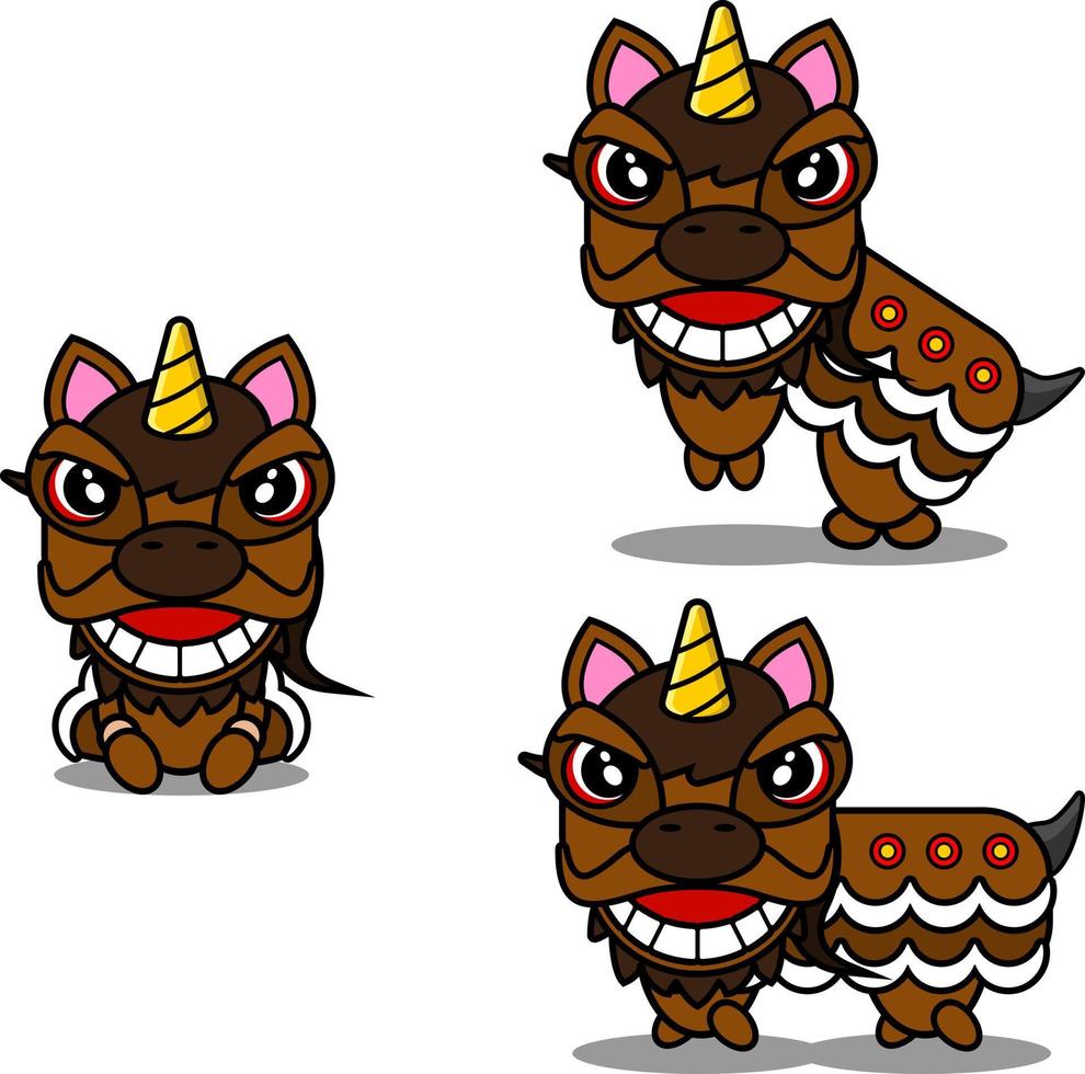 vettore del fumetto della mascotte animale del bufalo dello zodiaco cinese con fascio di teste di danza del leone