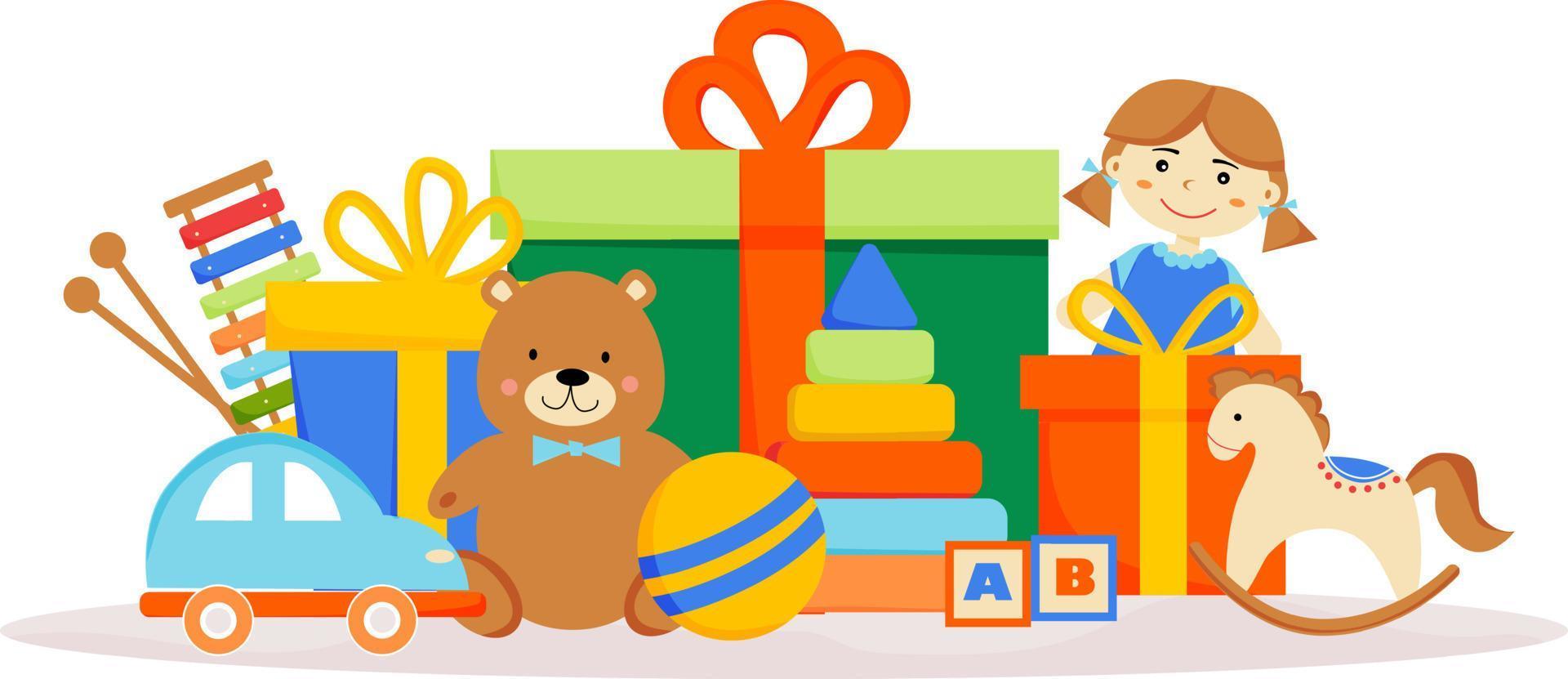 giocattoli sullo sfondo di scatole regalo. regali di compleanno. Scatole colorate con regali. orsacchiotto, bambola, macchina, palla, cavallo, piramide, cubi, ksilofon. poster, banner, carta per negozio, negozio. vettore