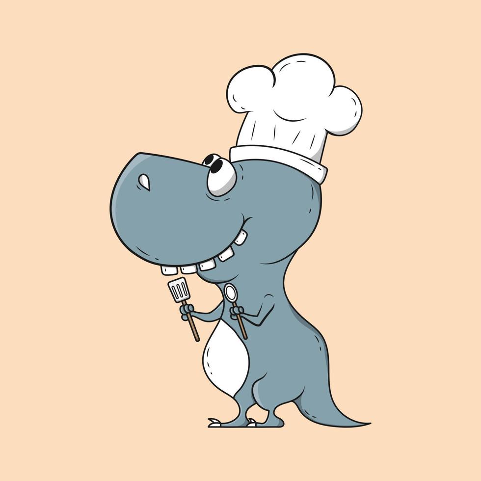 vettore disegnato a mano crea design, cartone animato dinosauro chef che tiene mestolo.