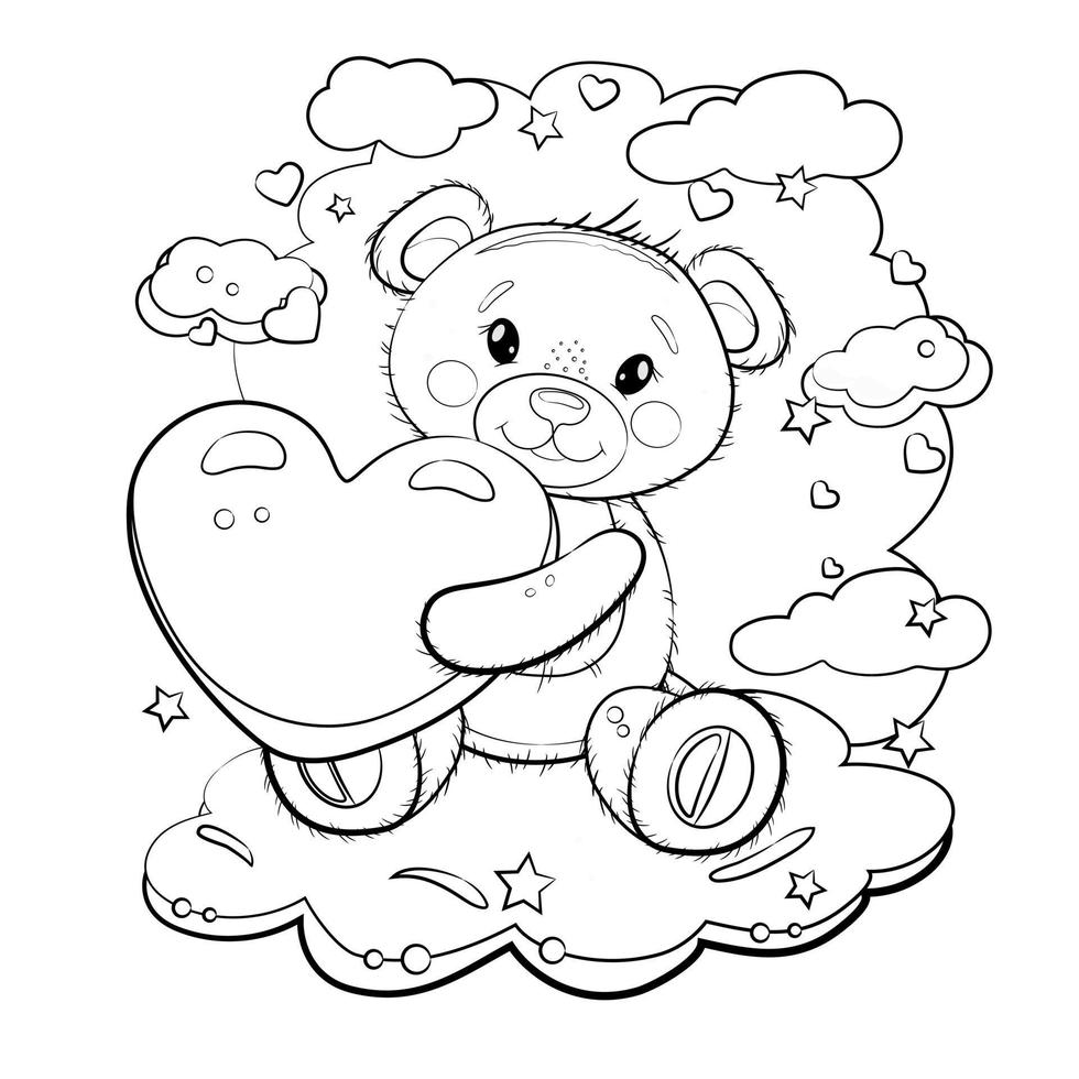 simpatico orsacchiotto con un cuore tra le zampe. orsacchiotto su uno sfondo di nuvole con stelle. illustrazione del profilo del fumetto di vettore per il giorno di san valentino o il compleanno.