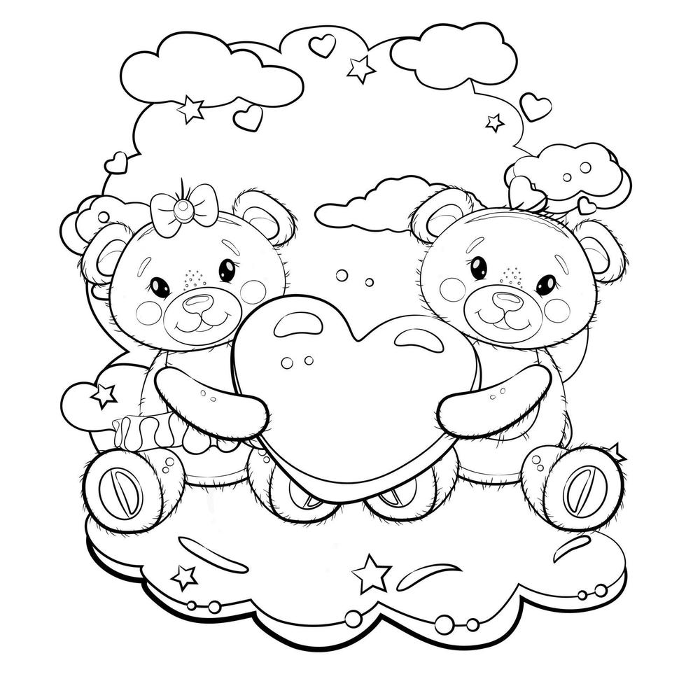 una coppia di simpatici orsacchiotti che tengono un cuore tra le zampe. orsacchiotti sullo sfondo delle nuvole. illustrazione del contorno del fumetto vettoriale. illustrazione per San Valentino o compleanno. vettore