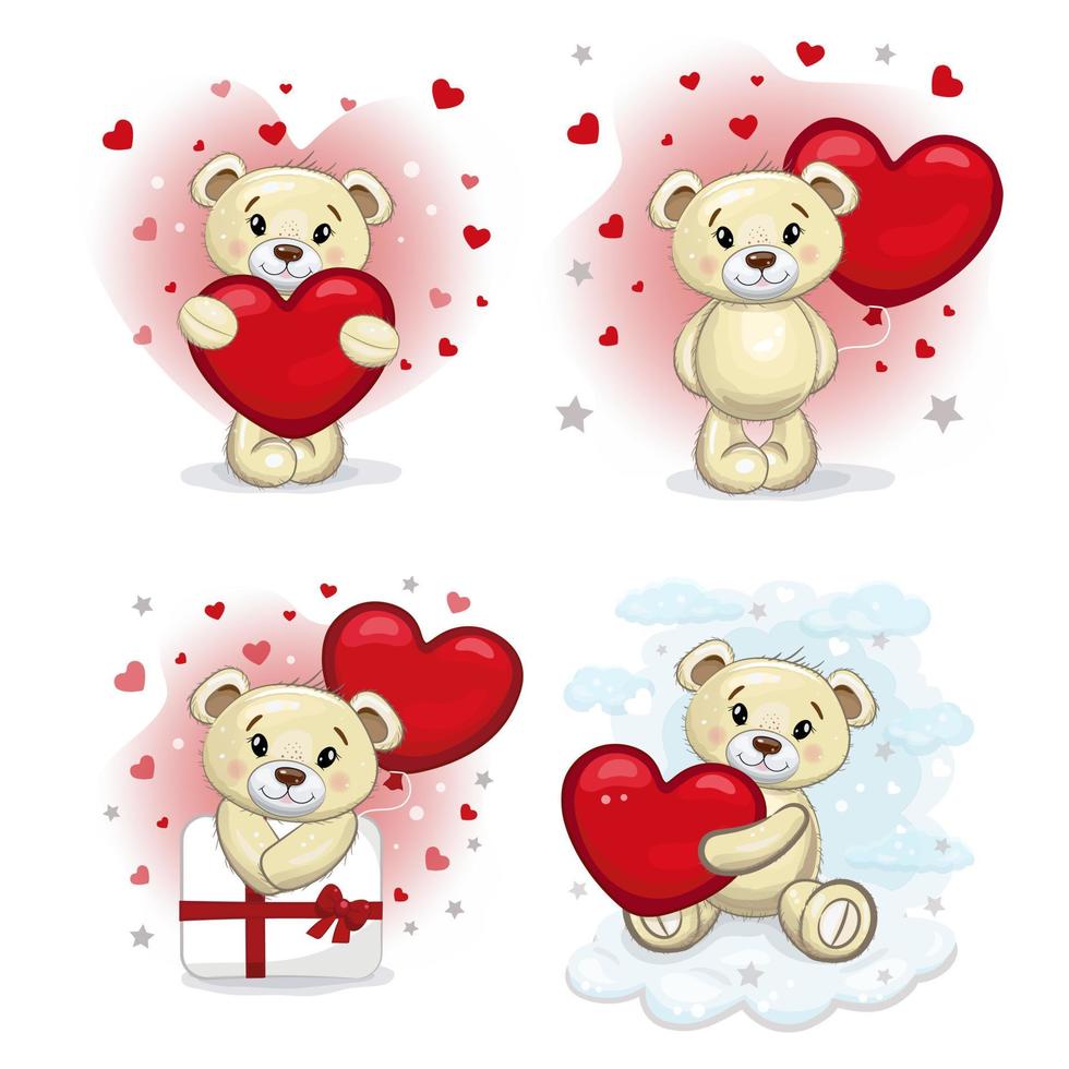 un set di simpatici orsacchiotti con cuori rossi. set carino orsacchiotti. illustrazione del fumetto di vettore per il giorno di San Valentino o il compleanno.